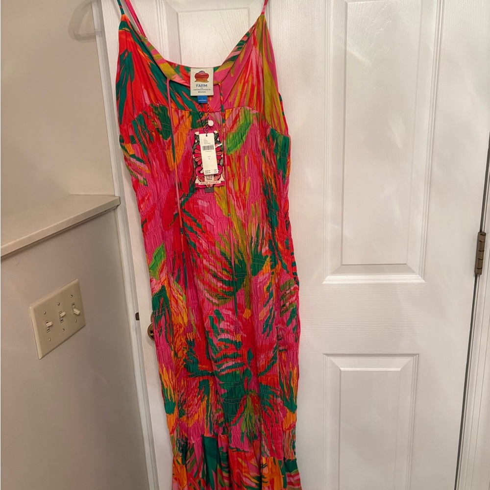 FARM Rio Pink Tropical Print Maxi Dress with Green & Orange Accents